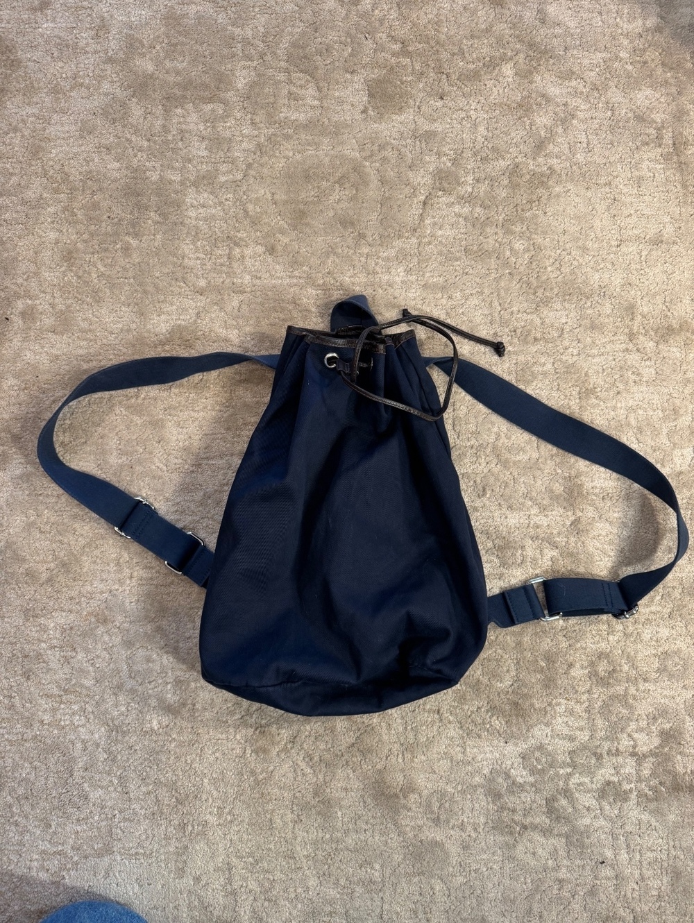 Suitsupply Navy Nylon Bucket Backpack Brown Leather Trim Drawstring Bag